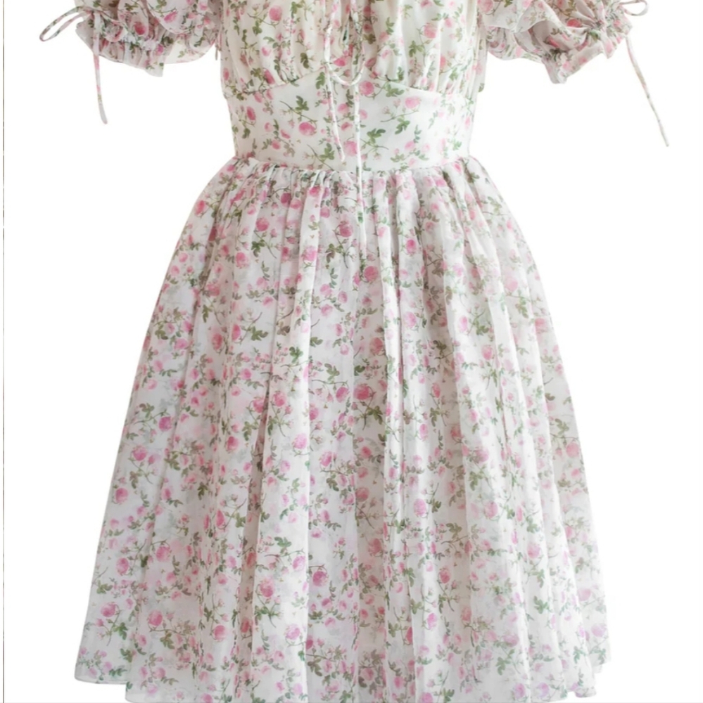 Floral Puff-Sleeve Midi Dress in Soft Pink - - Picture 3 of 7